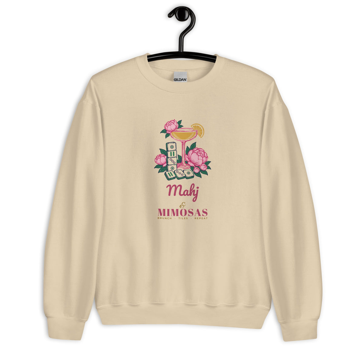 Mahj & Mimosas Crewneck in Sand on a hanger