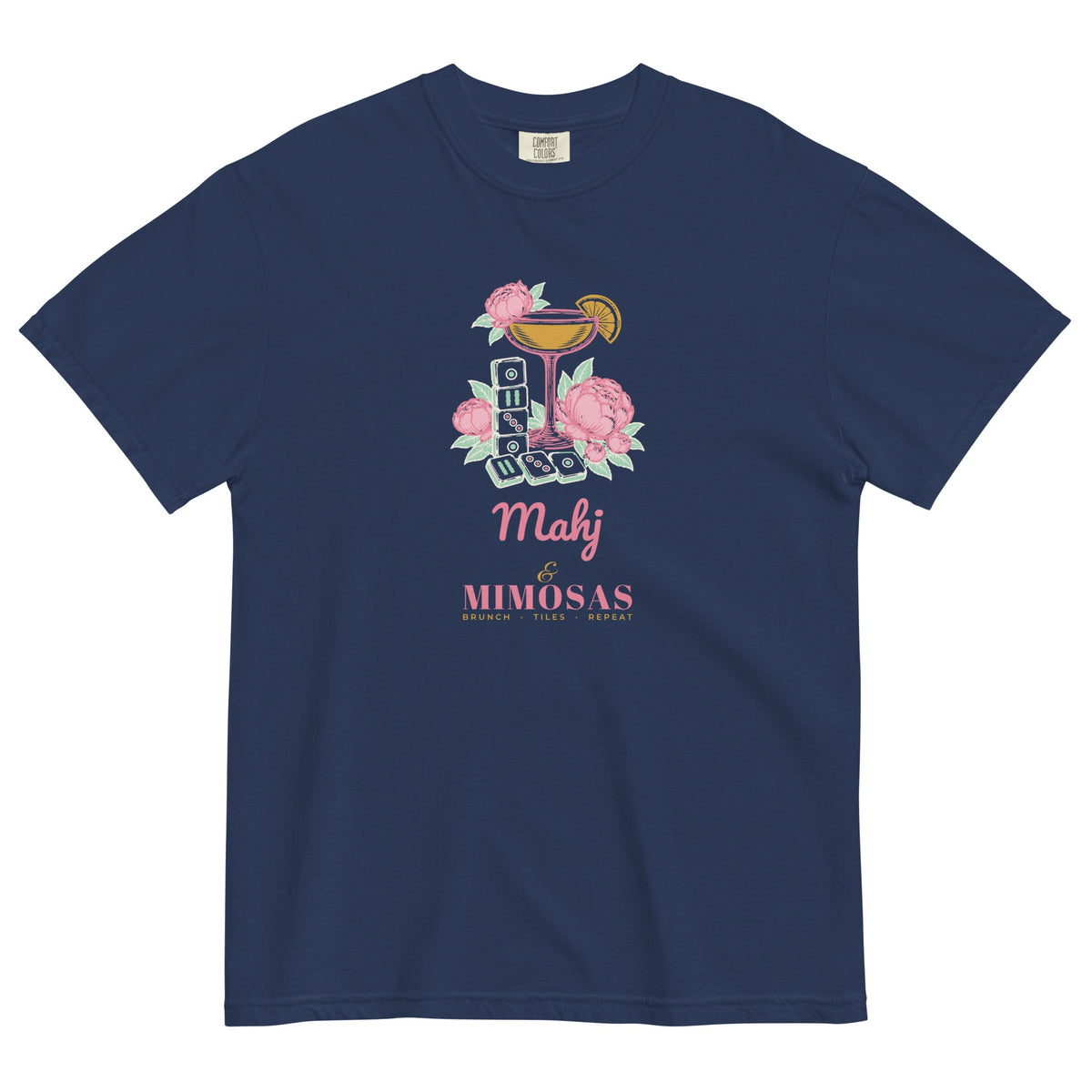 Mahj & Mimosas Tee in True Navy, flat lay