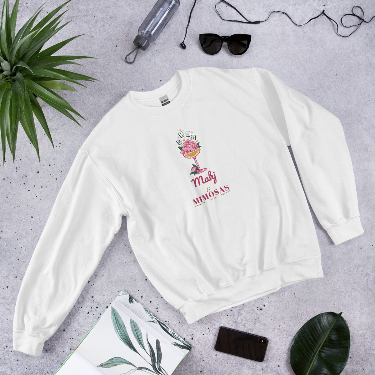 Mahj & Mimosas Crewneck in White, flat lay styled