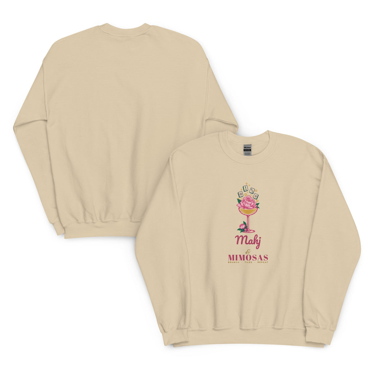 Front and back of the Mahj & Mimosas Crewneck in Sand