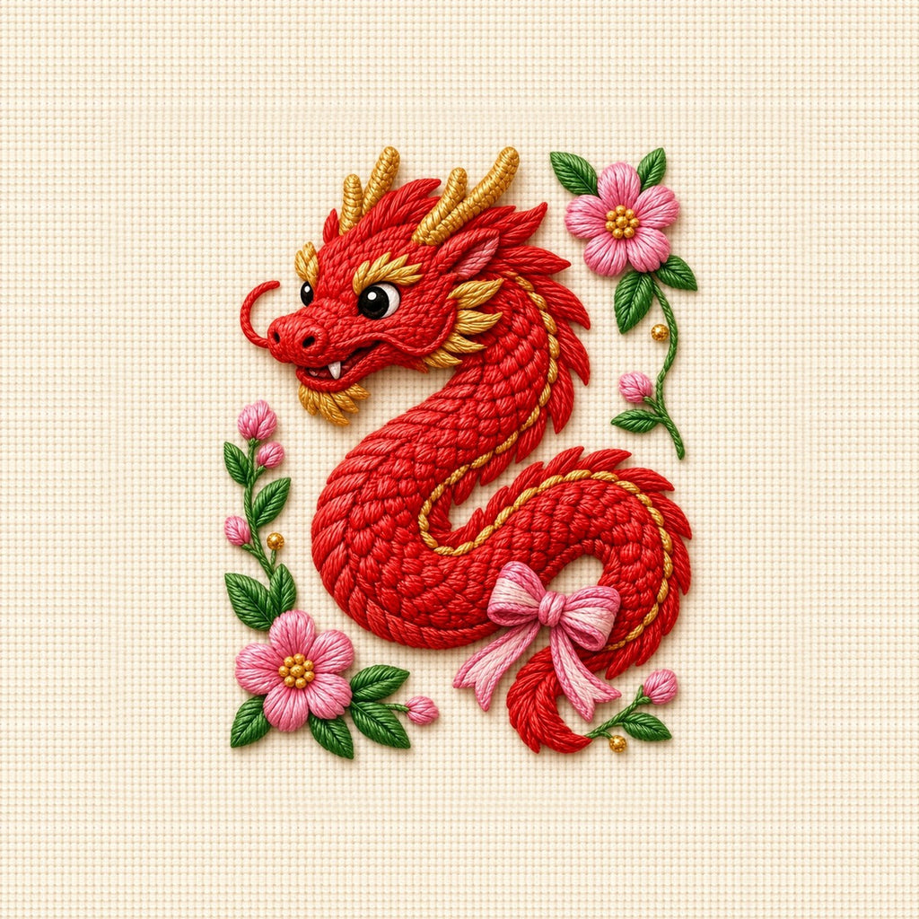Needlepoint red dragon artwork with pink bow and florals on cream canvas, as printed on the tray