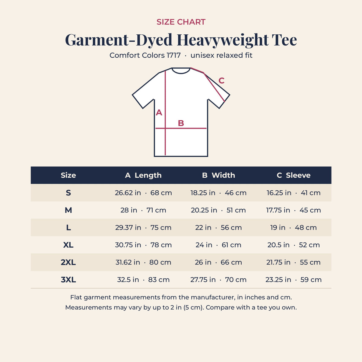 Comfort Colors 1717 tee size chart
