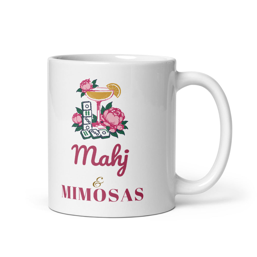 Mahj & Mimosas 11 oz white mug, Coupe & Tile Stack design