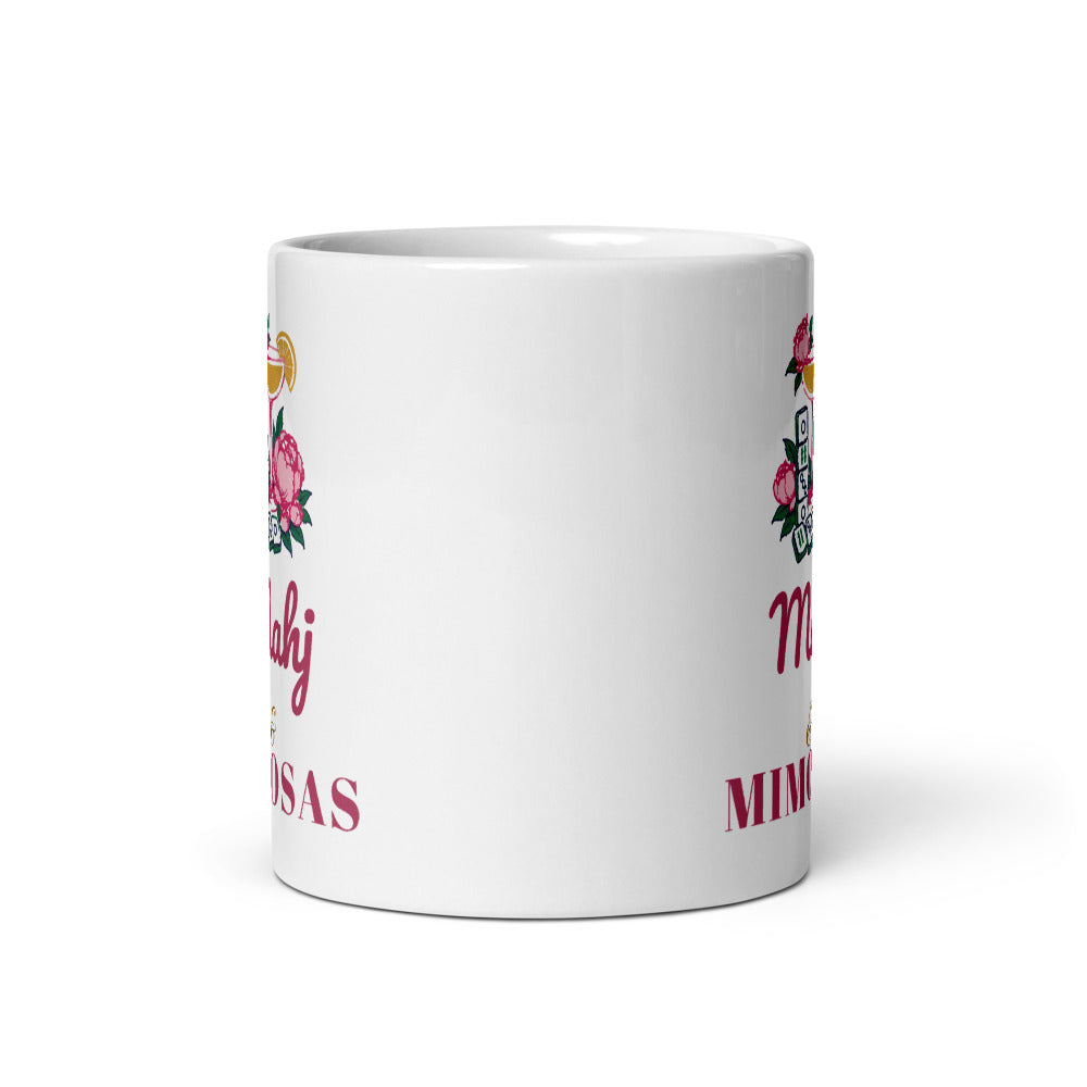 Mahj & Mimosas mug, front view showing both sides