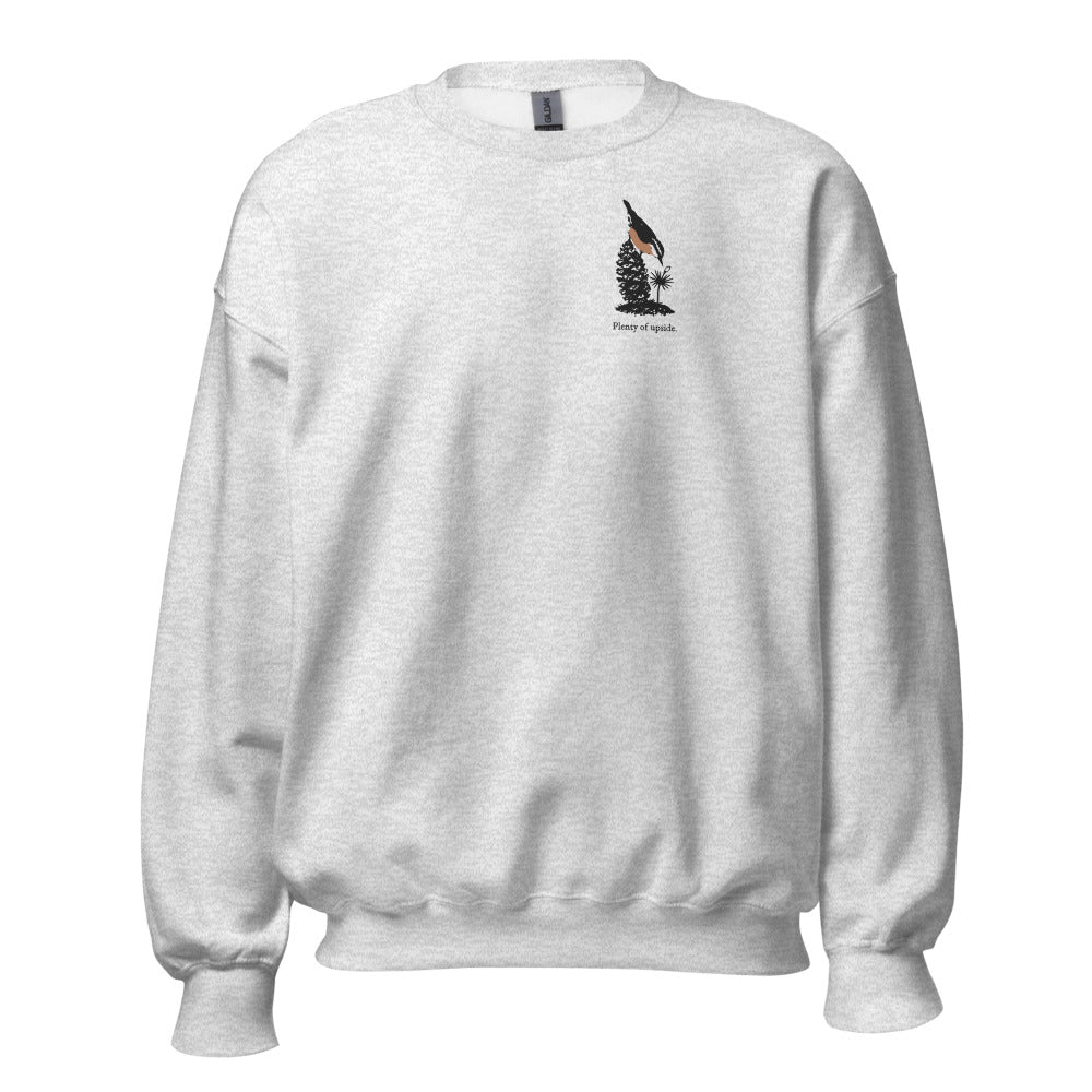 Plenty of upside nuthatch crewneck, chest mark, Ash