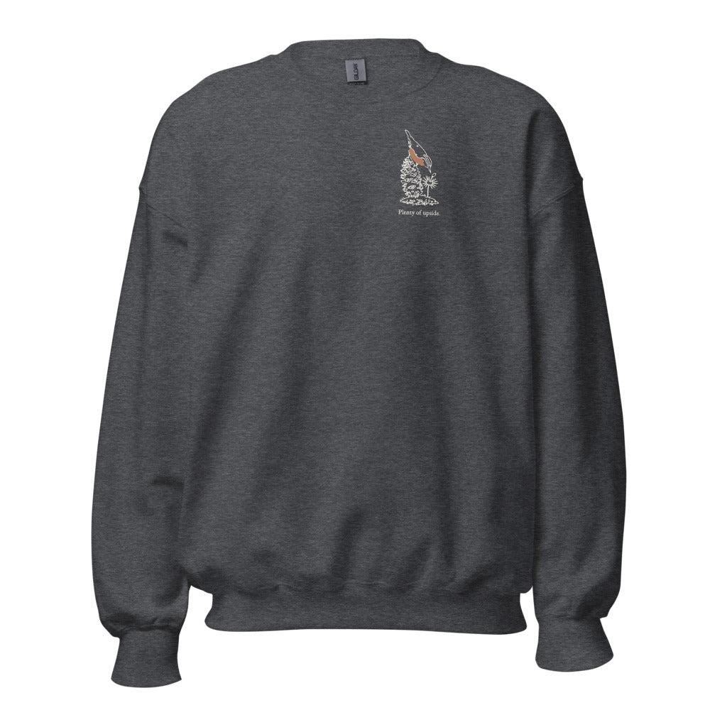 Plenty of upside nuthatch crewneck, chest mark, Dark Heather