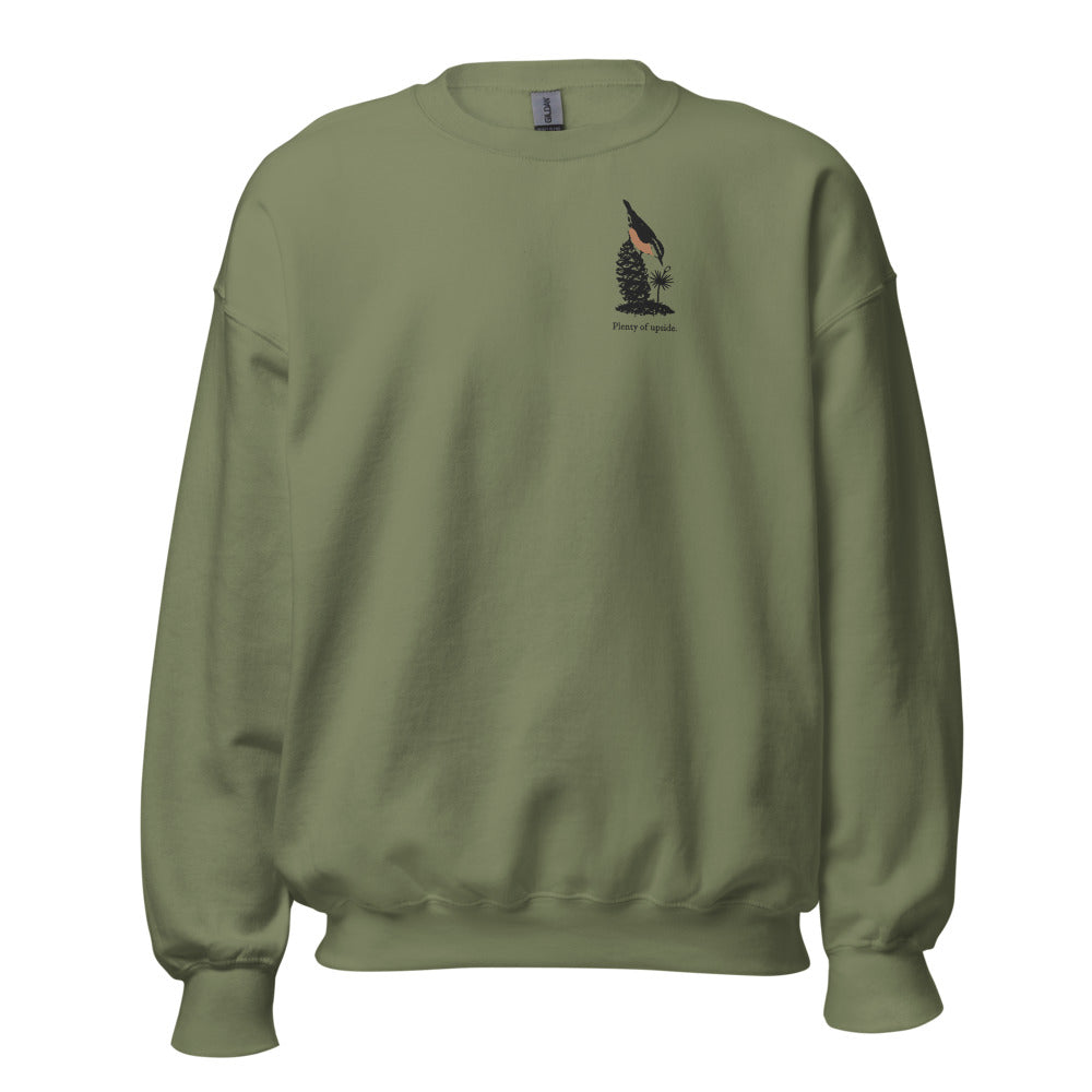 Plenty of upside nuthatch crewneck, chest mark, Military Green