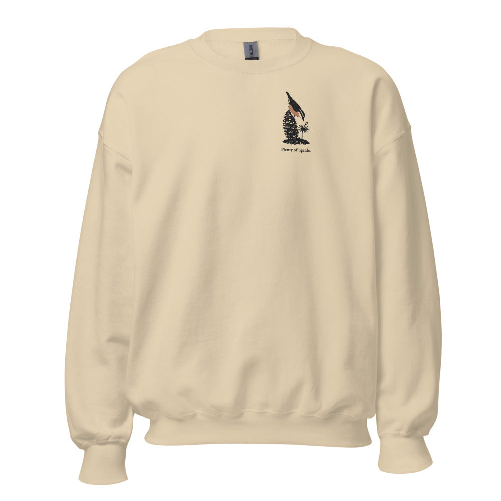 Plenty of upside nuthatch crewneck, chest mark, Sand