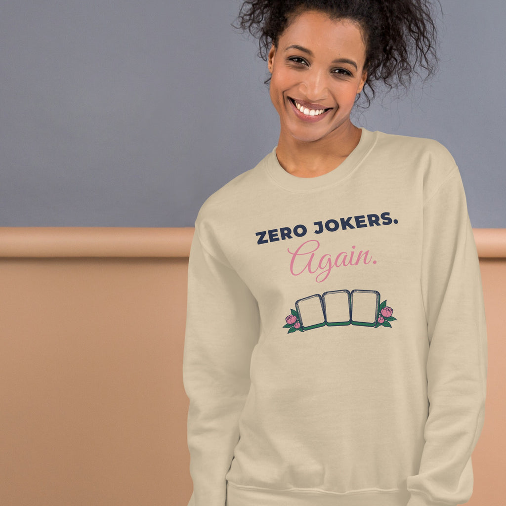 Woman wearing the Zero Jokers. Again. Crewneck in Sand