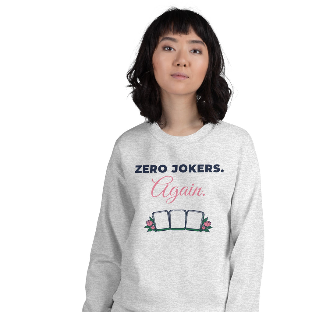 Woman wearing the Zero Jokers. Again. Crewneck in Ash