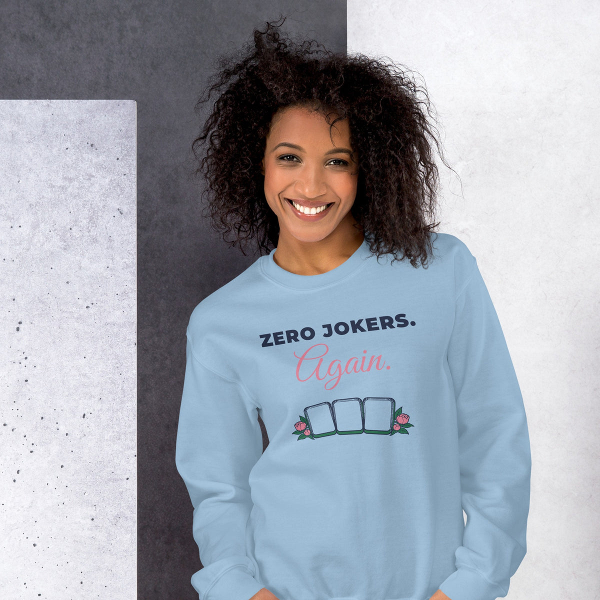 Woman wearing the Zero Jokers. Again. Crewneck in Light Blue