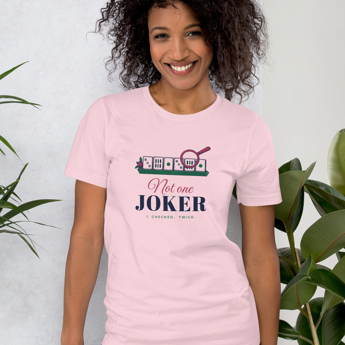 Woman wearing the Not One Joker Tee in Soft Pink