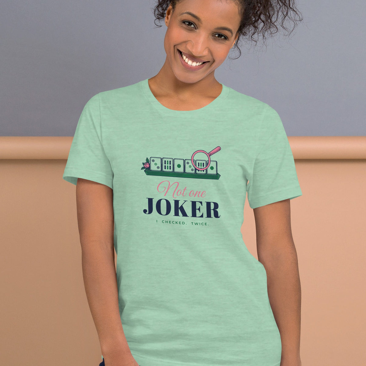 Woman wearing the Not One Joker Tee in Heather Prism Mint