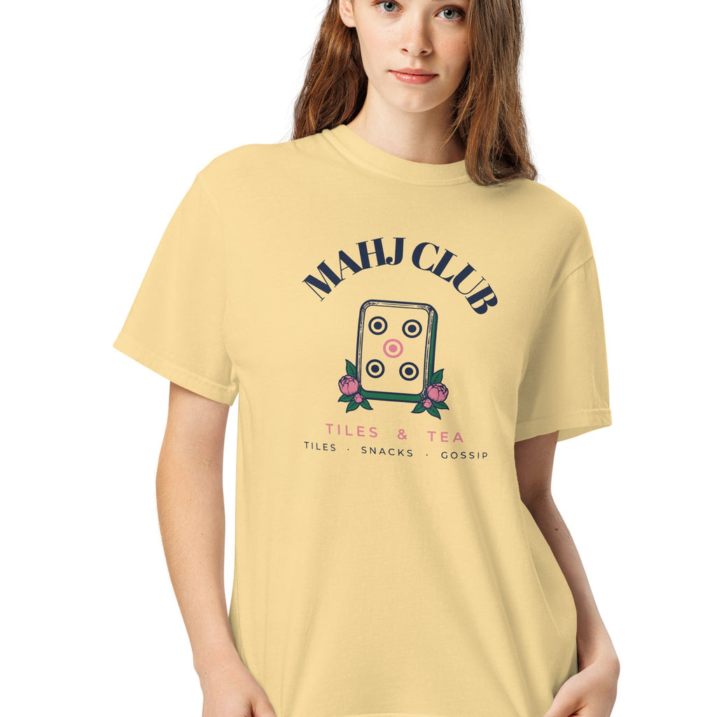 Woman wearing the Mahj Club Tee in Butter