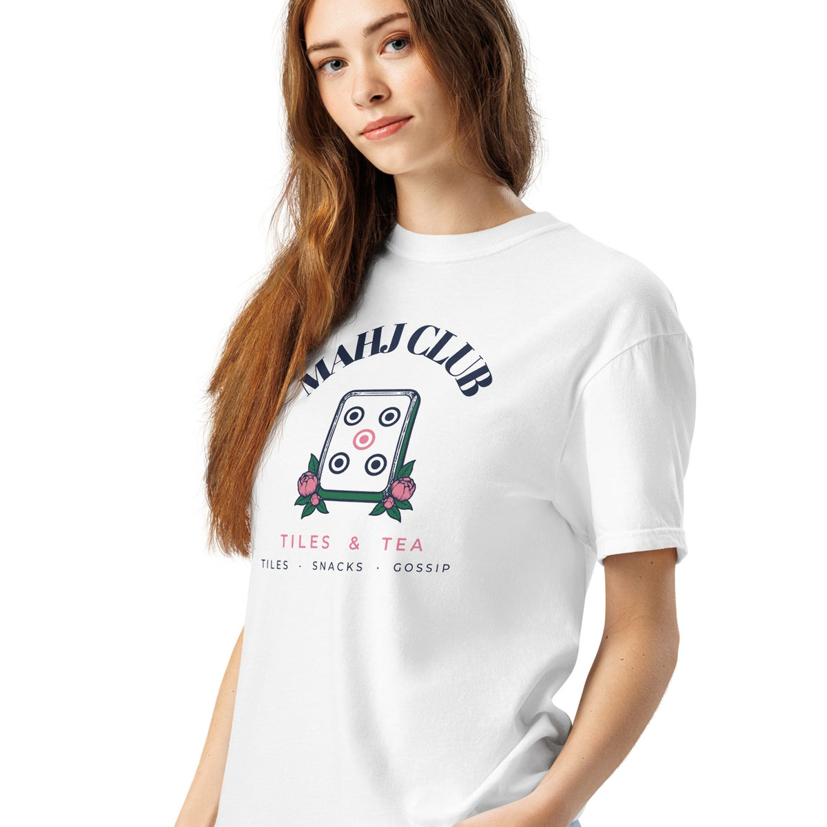 Woman wearing the Mahj Club Tee in White