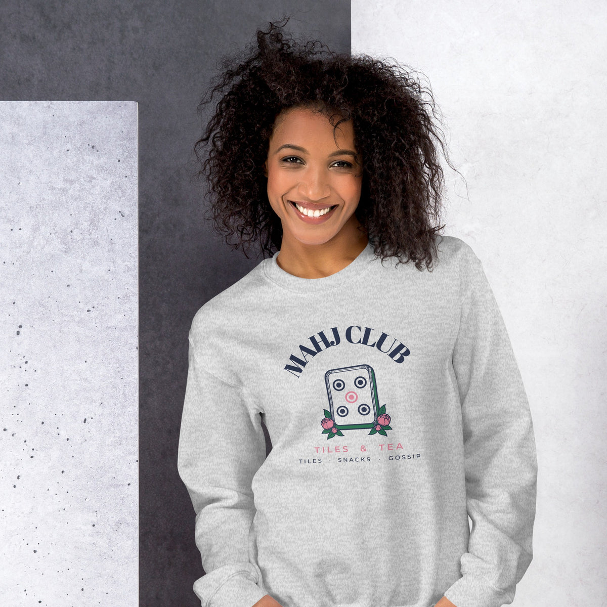 Woman wearing the Mahj Club Crewneck in Ash