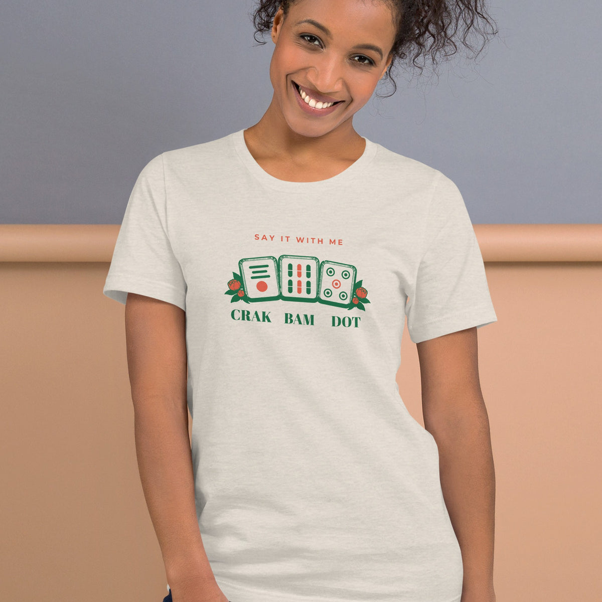Woman wearing the Crak Bam Dot Tee in Heather Dust