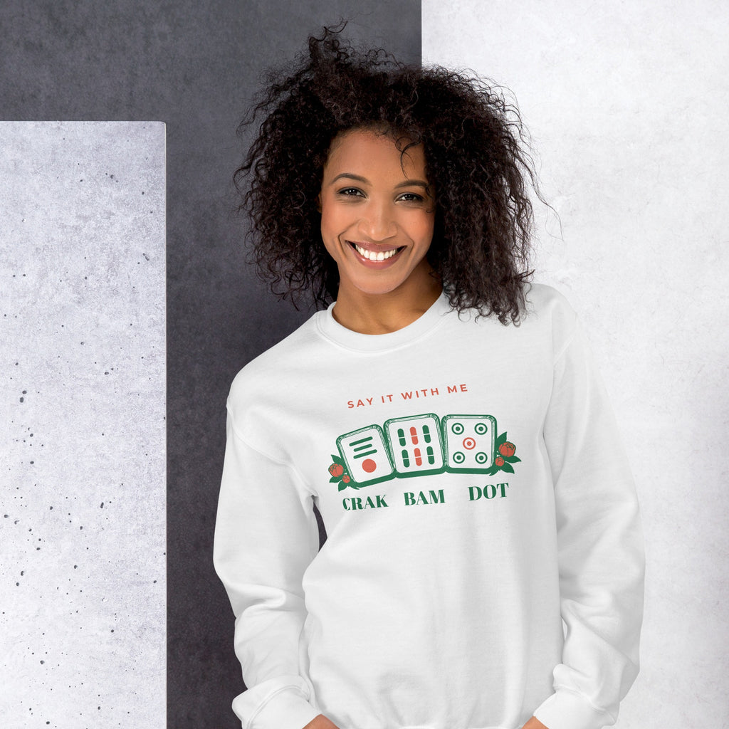 Woman wearing the Crak Bam Dot Sweatshirt in White