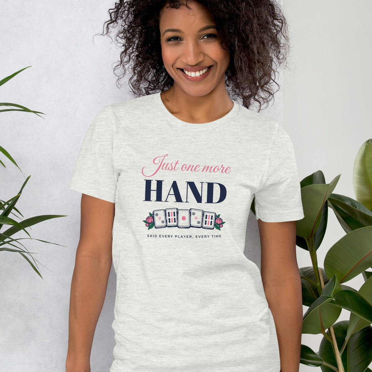 Woman wearing the Just One More Hand Tee in Ash
