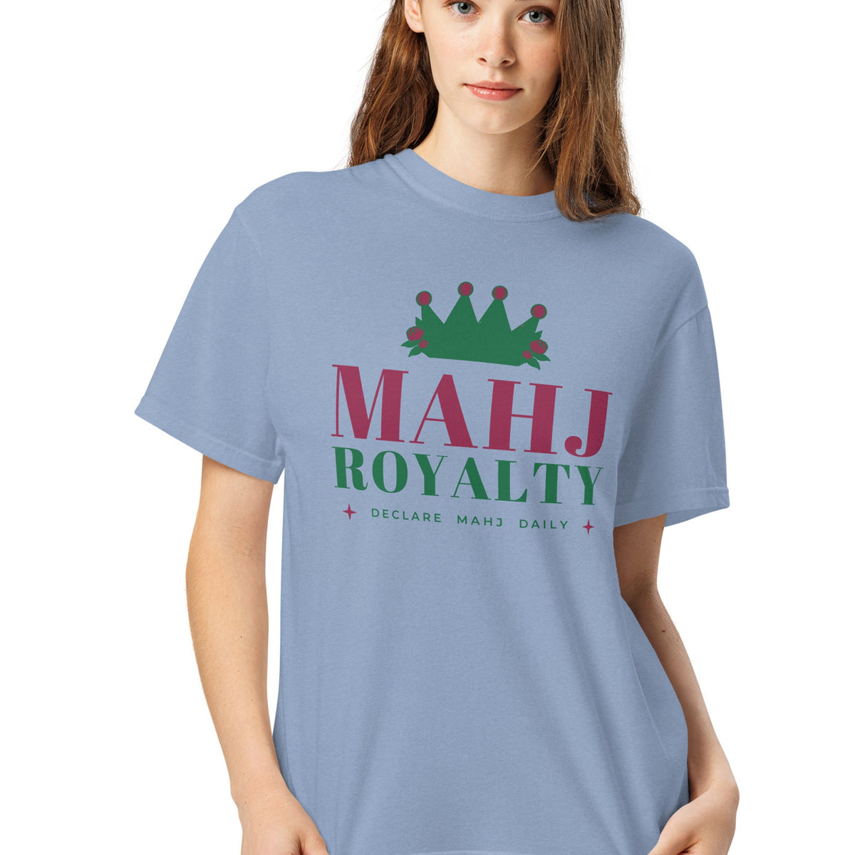 Woman wearing the Mahj Royalty Tee in Washed Denim