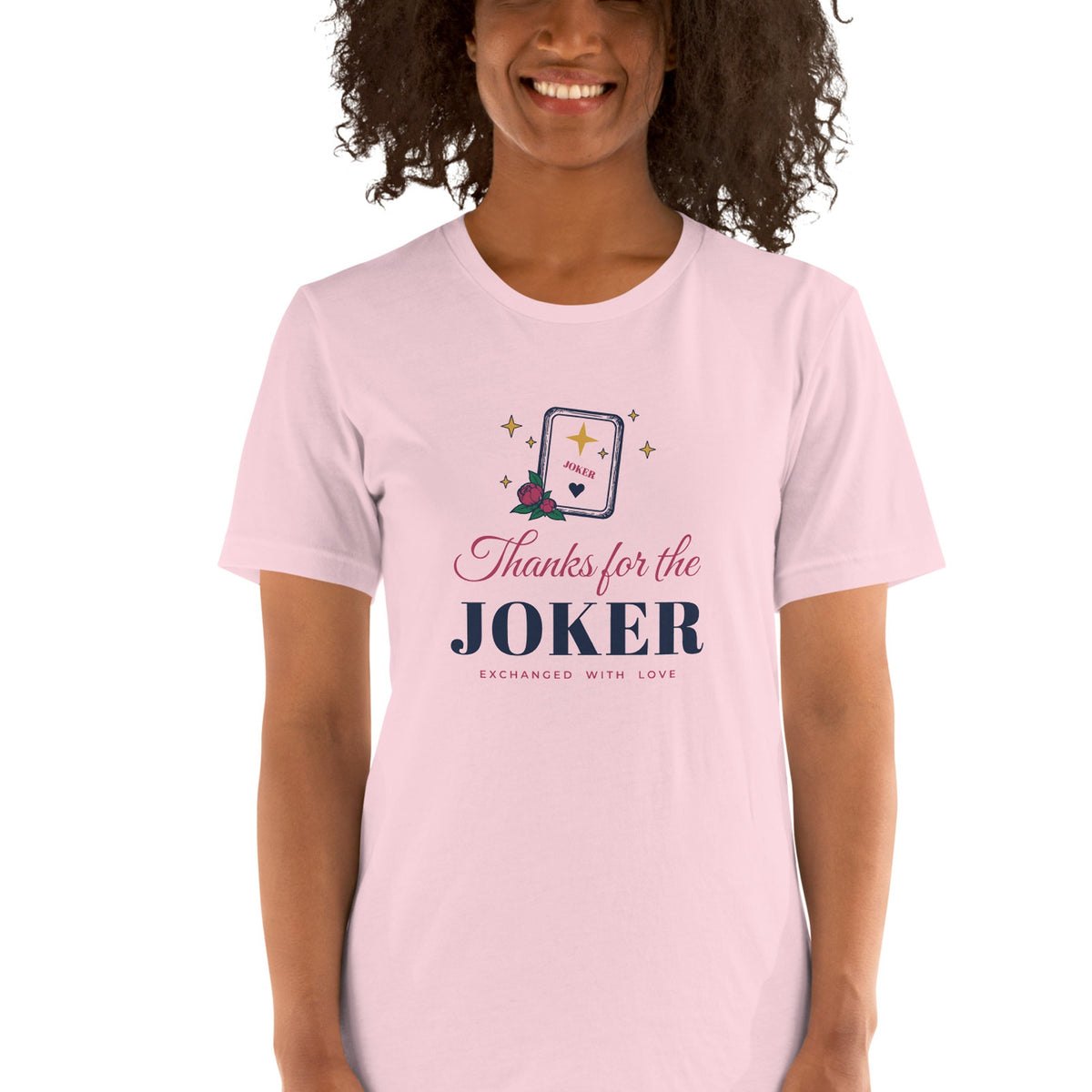Woman wearing the Thanks for the Joker Tee in Soft Pink