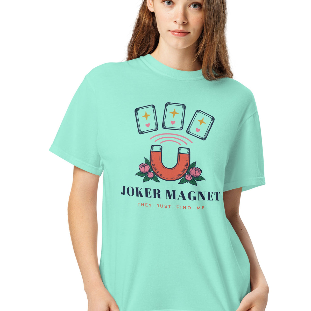 Woman wearing the Joker Magnet Tee in Chalky Mint