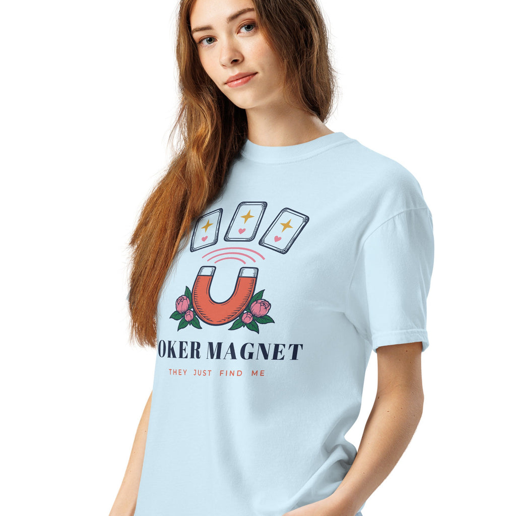 Woman wearing the Joker Magnet Tee in Chambray