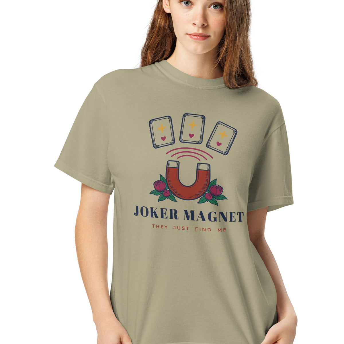 Woman wearing the Joker Magnet Tee in Khaki