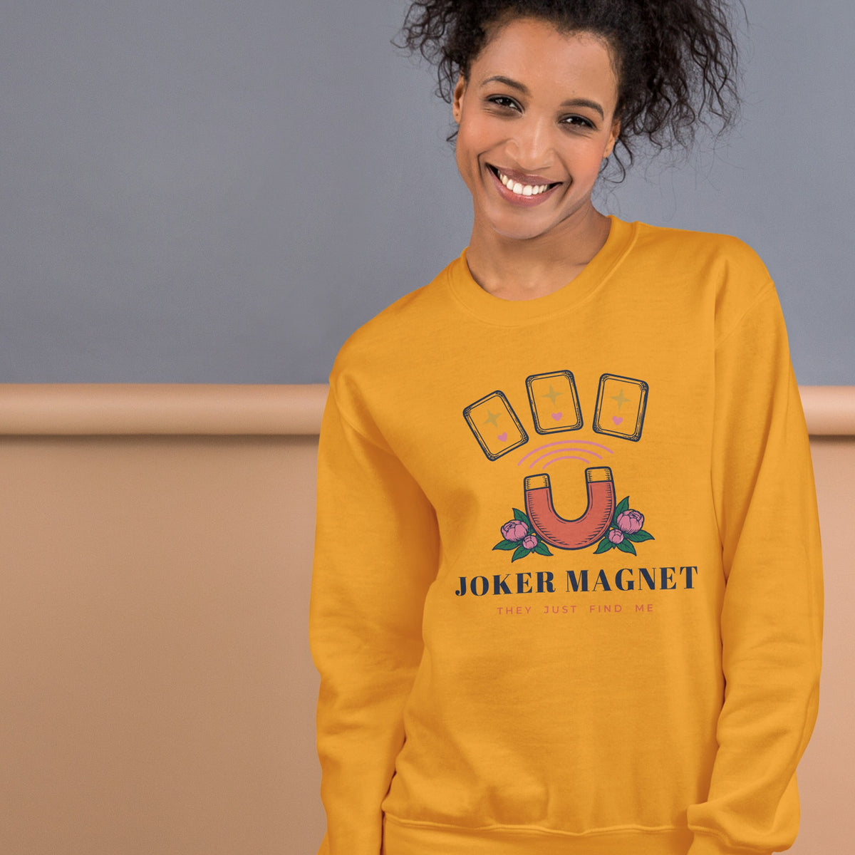 Woman wearing the Joker Magnet Crewneck in Gold