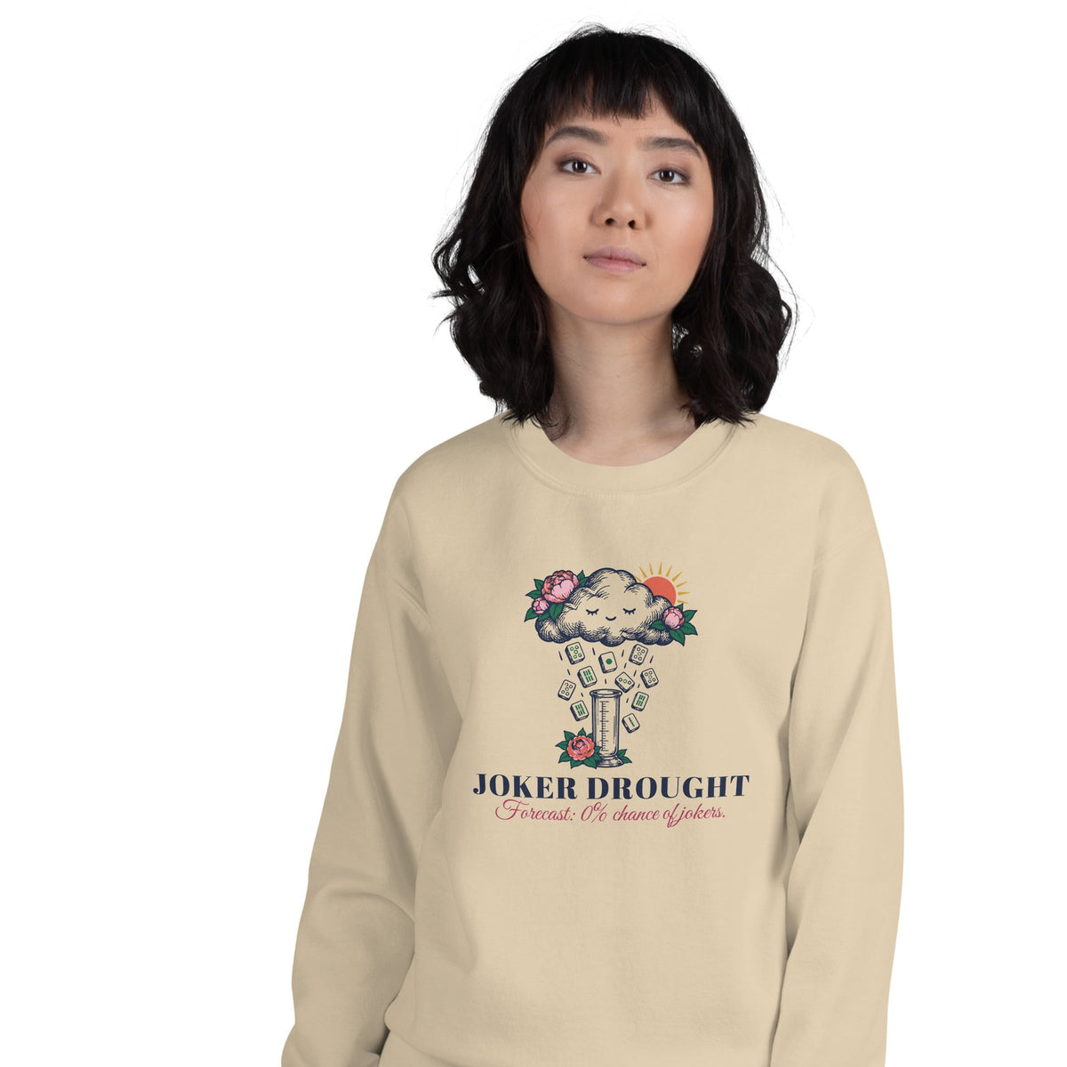 Woman wearing the Joker Drought Forecast Crewneck in Sand