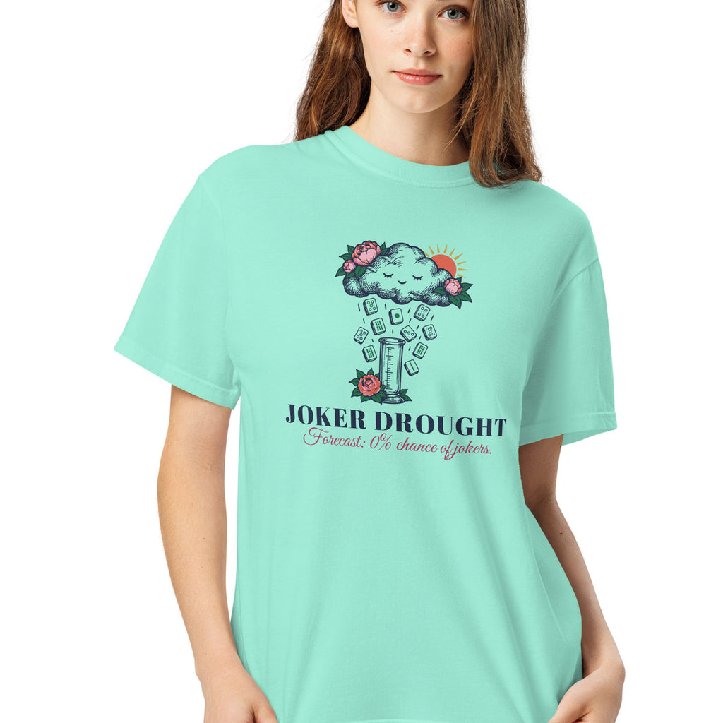 Woman wearing the Joker Drought Forecast Tee in Chalky Mint