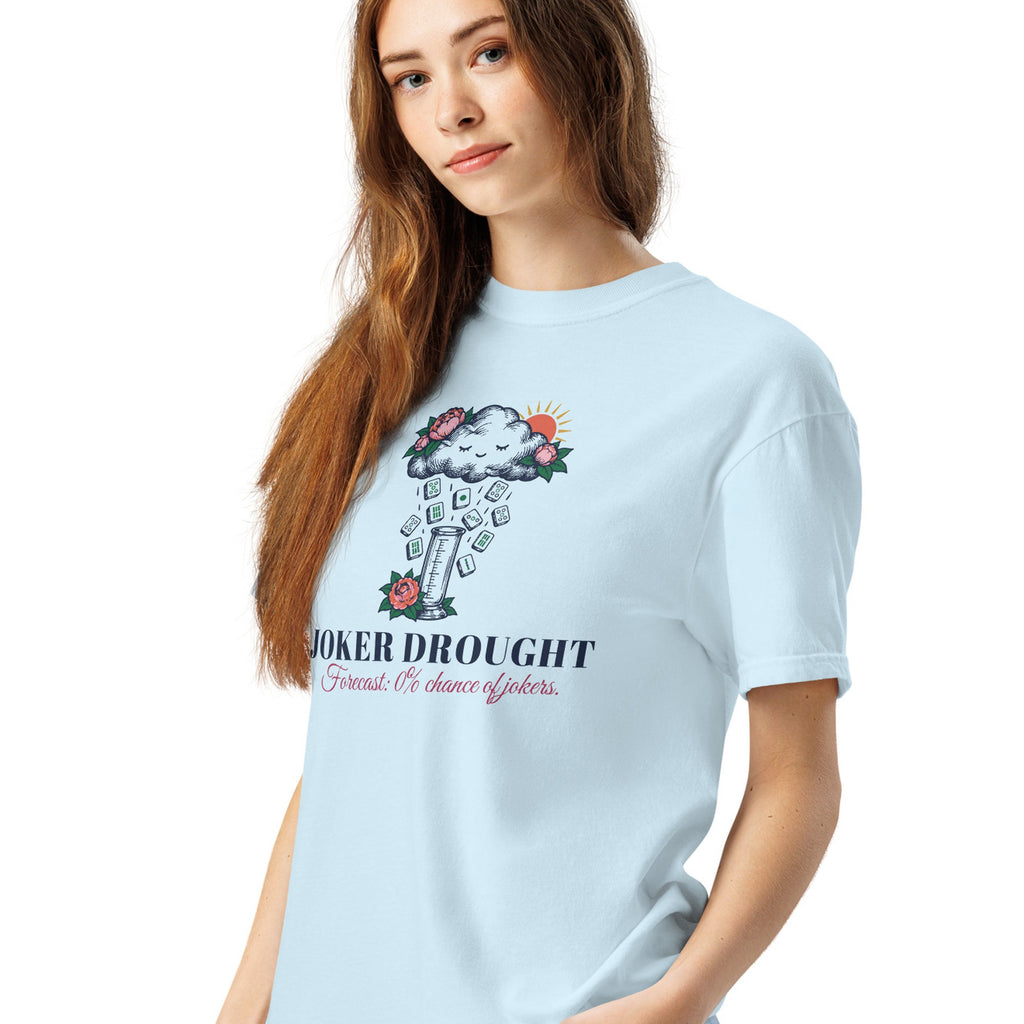 Woman wearing the Joker Drought Forecast Tee in Chambray