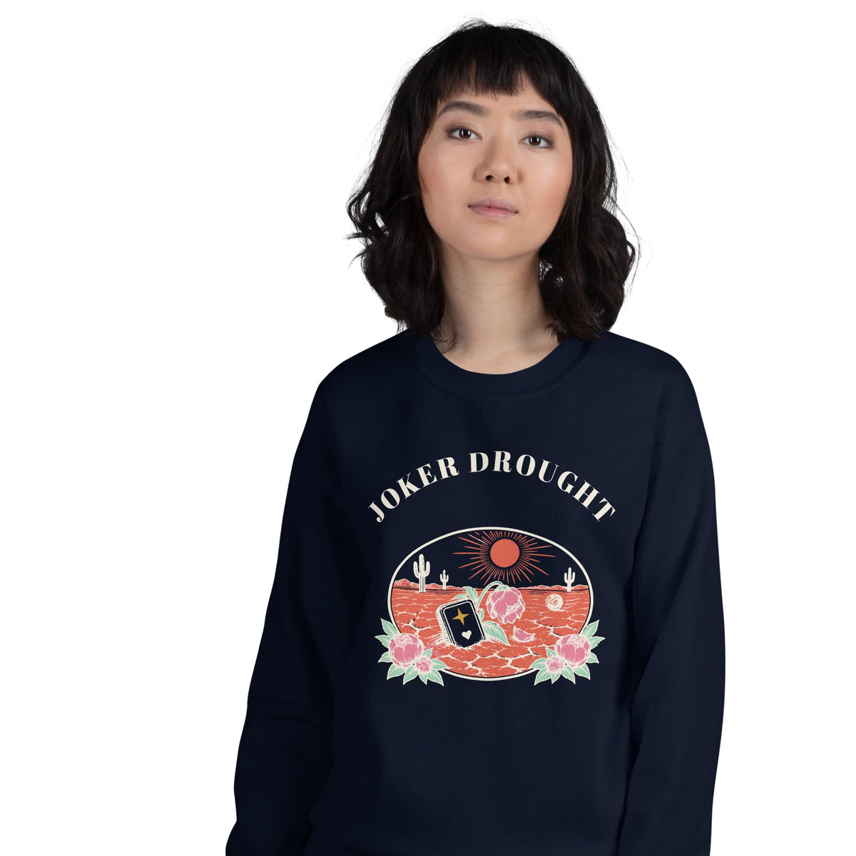 Woman wearing the Joker Drought Desert Relic Crewneck in Navy