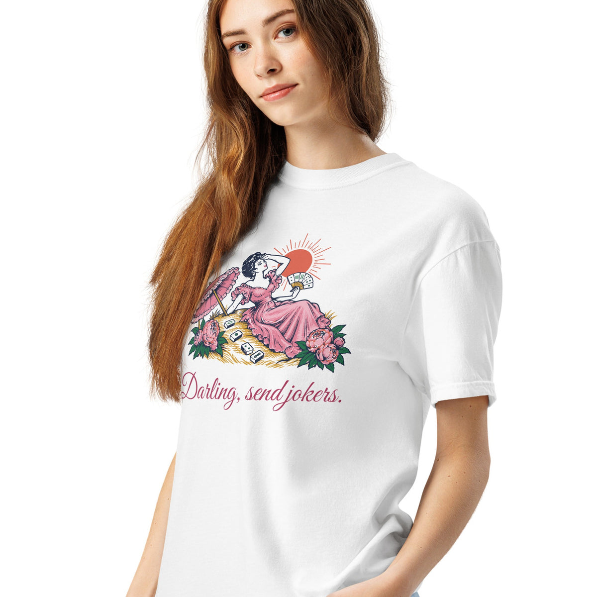 Woman wearing the Darling, Send Jokers Tee in White