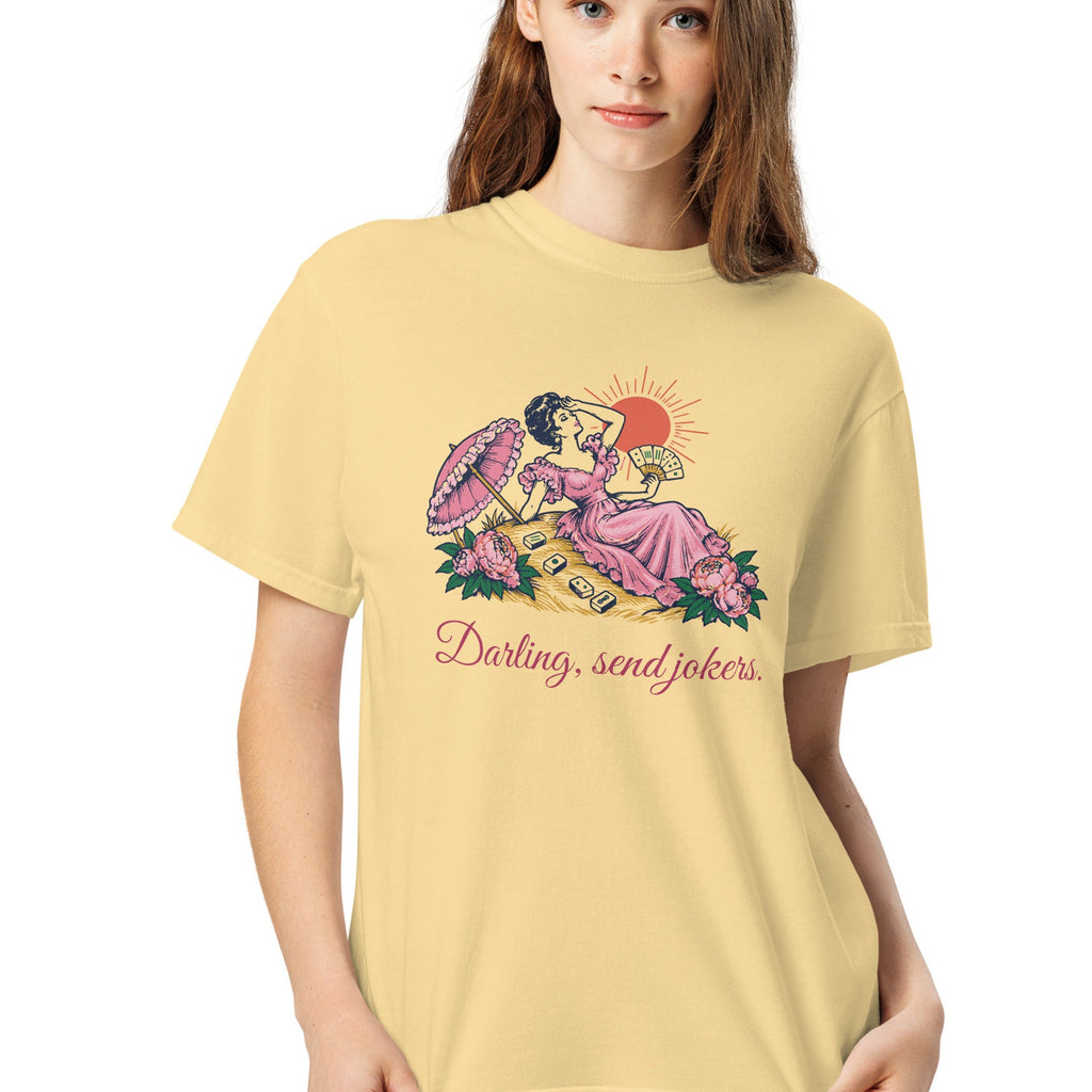 Woman wearing the Darling, Send Jokers Tee in Butter