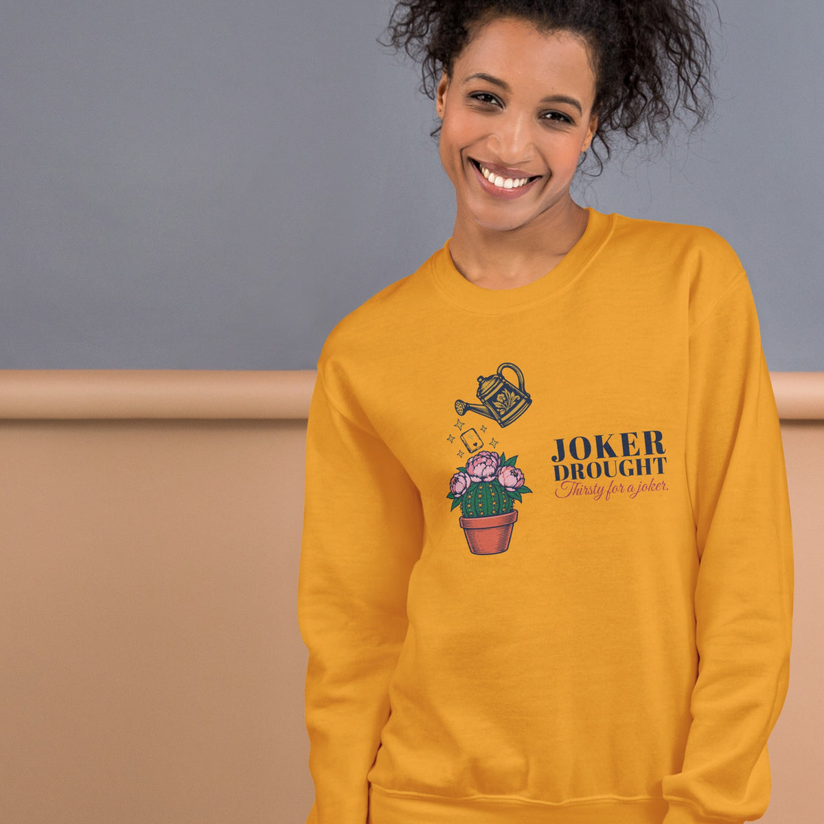 Woman wearing the Thirsty for a Joker Crewneck in Gold