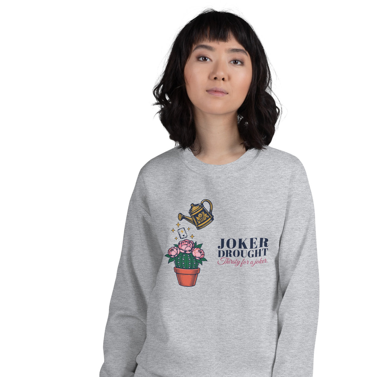 Woman wearing the Thirsty for a Joker Crewneck in Sport Grey
