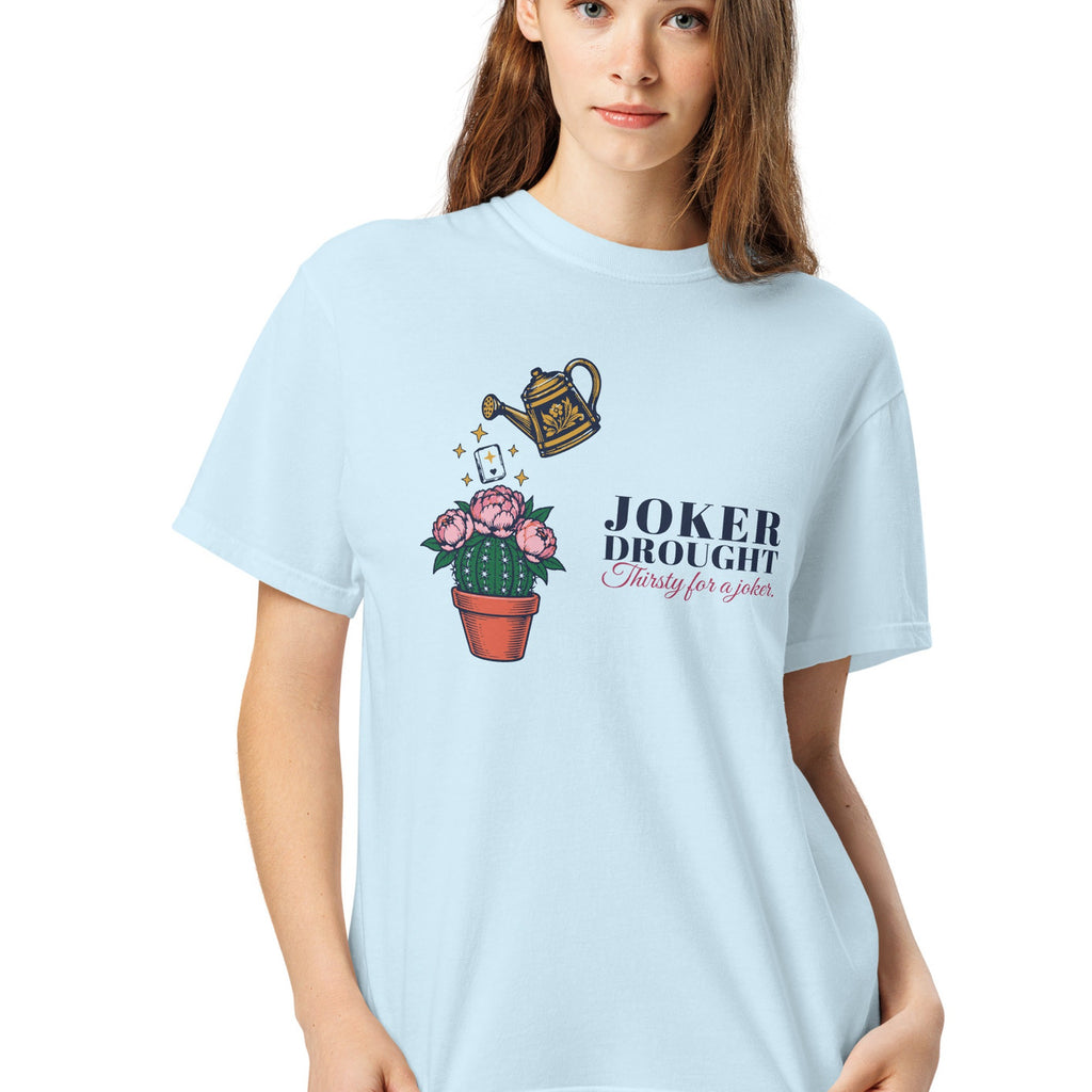 Woman wearing the Thirsty for a Joker Tee in Chambray