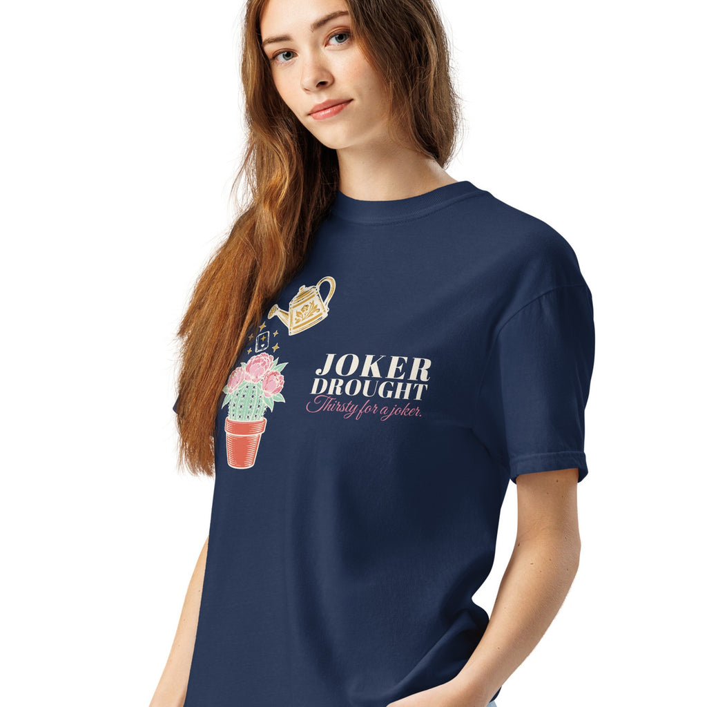 Woman wearing the Thirsty for a Joker Tee in True Navy