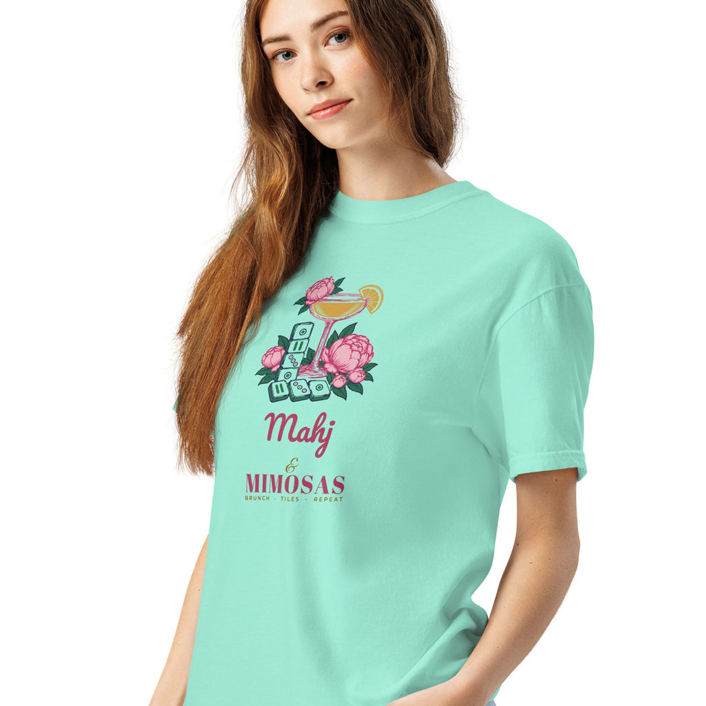 Woman wearing the Mahj & Mimosas Tee in Chalky Mint
