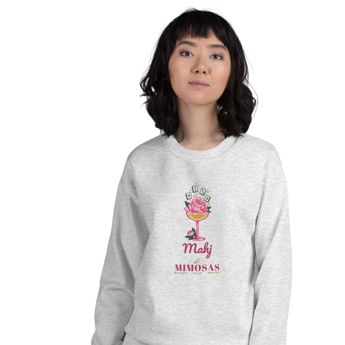 Woman wearing the Mahj & Mimosas Crewneck in Ash