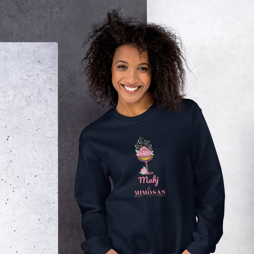 Woman wearing the Mahj & Mimosas Crewneck in Navy