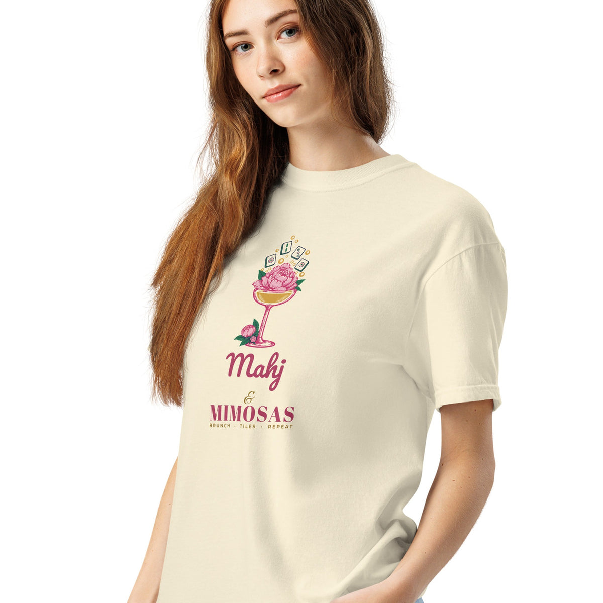 Woman wearing the Mahj & Mimosas Tee in Ivory